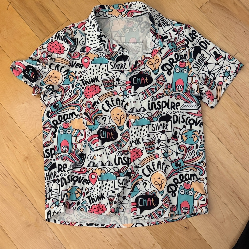 Graphic Pop Art Short Sleeve Shirt - White with Multicolor Print